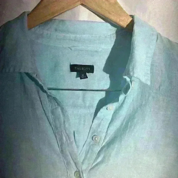 Talbots 100% Linen Beach Ombré Dip Dye Blue Tunic Roll Tab Sleeves Size Medium - Picture 7 of 10